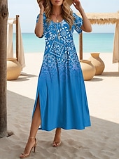 billige Boho-kjoler-Dame Maxikjole T skjortekjole Solkjole Skiftkjole Ferie Fritid Strandstil Fest Strand Normal Nyanse Grafisk Geometrisk Kortermet Crewneck Gul Rød Blå Lilla Sommer Vår