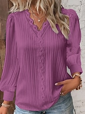 preiswerte Damen Einfache Oberteile-Damen Spitzenbluse Einfarbig Elegant Stilvoll Basic Langarm V Ausschnitt Normale Oberteile Täglich Spitze Patchwork Weiß Rote Purpur Orange Grün Sommer Frühling Herbst