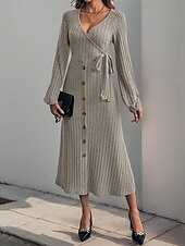 abordables Robes en tricot-Femmes Robe Midi Robe Tricot Robe Décontractée Mode Moderne Quotidien Date Week-end Coupe régulière Uni manche longue Col en V Kaki Automne Hiver