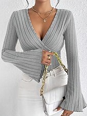 preiswerte Damen Einfache Oberteile-Damen T Shirt Einfach Mode Modern Langarm V Ausschnitt Normale Oberteile Täglich Tunika Schwarz Armeegrün Grau Sommer
