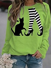 Halloween Women's Pullover Sweatshirt Witch Graphic Cat Casual Long Sleeve Crew Neck Regular Tops Street Casual Holiday Print Orange Green Spring Fall Winter4