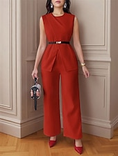 billiga breda ben och hög midja-Dam Elegant Mode Byxuppsättningar Bolero Top Ärmlös Rund hals Ensfärgat Semester Ledigt / vardag Svart Vit Rubinrött Sommar Normal