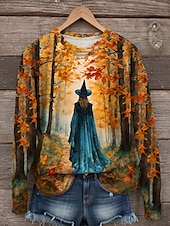 economico Arte &amp; Design Tops-Per donna Felpe Grafico Strega Casual Manica Lunga Girocollo Top Regolari Streetwear Casuale Stampato Arancione Autunno Inverno