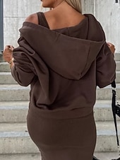 abordables Robe Simple-Femmes Robe Ensemble Robe fourreau Occasionnel Uni Froncé Robe Midi manche longue À capuche Extérieur Quotidien Noir Chameau Café Été Printemps Coupe régulière