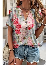 cheap Floral tee-Women&#039;s T Shirt Ombre Floral Graphic Elegant Vintage Fashion Short Sleeve V Neck Notched Neck Regular Tops Daily Going out Weekend Print Blue Sky Blue Dark Green Light Blue Summer Spring