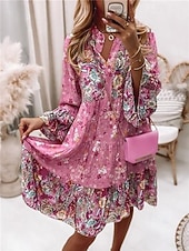 abordables Vestidos boho-Mujer Mini vestido Vestido informal Vestido bohemio Vestido de primavera Vacaciones Ropa de calle Vacaciones Calle Festivos Ajuste regular Floral Manga Larga cuello partido Rosa Azul Piscina Verde