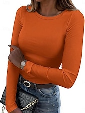 cheap Plain Tops-Women&#039;s Blouse Solid Color Stylish Basic Casual Long Sleeve Crew Neck Regular Tops Daily White Red Orange Gray Summer Spring