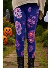 Women's Leggings Vacation Vintage Ethnic Style Ankle-Length High WaistPantsHalloween Graphic Skull 3D Print Quick Dry Breathability Soft High Elasticity Outdoor Home Causal Lake blue Purple Fall Slim4