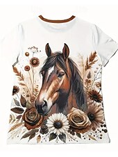 abordables T-shirt Animaux-Femmes T-shirt Graphique Animal Cheval ancien Élégant Classique Manche Courte Col ras du cou Col rond Hauts Réguliers Quotidien Week-end Imprimé Noir Blanche Bleu Bleu Poudré Été Printemps