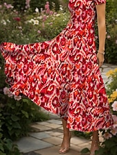 ieftine Artă și design rochii-Pentru femei Rochie Maxi Rochie casual Rochie A line Rochie de vară Elegant Vacanță Casual Fit regulat Grafic Abstract Manșon scurt Pătrat Galben Roșu-aprins Albastru piscină Mov Vară Primăvară