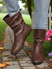 baratos Botas Slouch-Botas largas femininas de couro sintético marrom – sapatos retrô de salto baixo e cano médio para o outono, caminhadas diárias e passeios casuais
