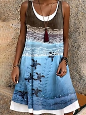 billiga Djur Klär-Dam Mini klänning Solklänning A linjeklänning Off Shoulder Klänning Semester Ledigt Boho Dagligen Normal Grafisk Djur Ärmlös Rund hals Blå Purpur Brun Grön Sommar Vår Höst