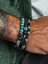 cheap Men&#039;s Jewelry-Men’s Green Stone Beaded Bracelet Set – 3-Piece Adjustable Natural Stone &amp; Alloy Wristbands for Boho Style, Ideal for Daily Wear, Gifts and Festivals