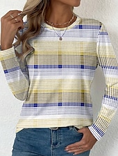 billiga Randig och geometrisk t-shirt-Påsk Dam T-shirt Grafisk Rutig Stylish Modern Ledigt Långärmad Rund hals Vanliga toppar Dagligen Mönster Gul Rodnande Rosa Blå Purpur Grön Sommar Vår Höst