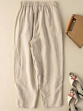 abordables Pantalón liso de lino y algodón-Mujer Pantalones de lino y algodón Chinos Moda Básico Longitud total Alta cintura Floral Bordado Comodidad Al Aire Libre Microelástico Vacaciones Calle Diario Blanco Amarillo Albaricoque Café Verano
