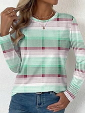 billiga Randig och geometrisk t-shirt-Påsk Dam T-shirt Grafisk Rutig Stylish Modern Ledigt Långärmad Rund hals Vanliga toppar Dagligen Mönster Gul Rodnande Rosa Blå Purpur Grön Sommar Vår Höst