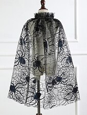 economico Accessori di Halloween-Mantello ragnatela di Halloween da donna: scialle in rete nera trasparente con colletto arricciato, mantello leggero in poliestere per feste in maschera, cosplay e travestimento da strega