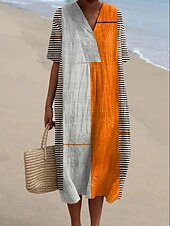 economico Abiti a Strisce e Geometrici-Per donna Abito Midi Vestito Estivo Abito a trapezio Vacanza Casual Spiaggia Feste Uscire Spiaggia Vestibilità comoda Grafico Geometrico Manica Corta Scollo a V Giallo scuro Rosa Blu Arancione Estate
