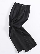 Dámské chino kalhoty s širokými nohavicemi z bavlny a lnu, etnický styl, základní, ležérní, plná délka, střední pas, bez kapes, pohodlné, outdoor, neelastické, ležérní, denní, černá, bílá, zelená, khaki, léto, jaro, regular fit levne Hladké bavlněné plátěné kalhoty-Dámské chino kalhoty s širokými nohavicemi z bavlny a lnu, etnický styl, základní, ležérní, plná délka, střední pas, bez kapes, pohodlné, outdoor, neelastické, ležérní, denní, černá, bílá, zelená, khaki, léto, jaro, regular fit