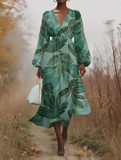 preiswerte Blumenkleid-Damen Midikleid Freizeitkleid Chiffon Schwingkleid Modern Urlaub Täglich Wochenende Normale Passform Blumen Langarm V Ausschnitt Blau Grün Dunkelblau Sommer Frühling Herbst