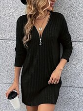 abordables Robes en tricot-Femmes Mini Robe Robe Tricot Robe Décontractée Robe d&#039;Hiver Mode Moderne Quotidien Date Week-end Coupe régulière Uni manche longue Col en V Noir Abricot Printemps Automne Hiver