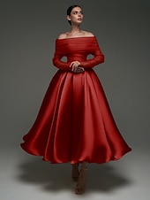 preiswerte Cocktailkleider-Rosa Ballkleid Satin A-Linien Cocktail Elegante Kleider Formelle Hochzeit Knöchellänge Langarm Schulterfrei Abnehmbar mit Schal