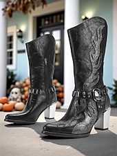levne Pro ženy-Dámské kovbojské boty v západním stylu s vyšívanými plameny - robustní podpatek, černohnědé gotické boty do půli lýtek na Halloween, hudební festivaly a rodeo.