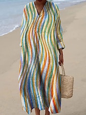 abordables Robes Rayés et Géométriques-Femmes Robe Midi Robe d&#039;Été Robe fourreau Vacances Occasionnel Chaussures de plage Sortir Plage Coupe Ample Graphique Géométrique manche longue Col en V Jaune Vert Claire Rouge Vert Été Printemps