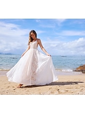 baratos Vestidos de Casamento-Vestidos de Casamento Boho com Costas Abertas de Praia A-Line Decote em V Alças Finas Sem Mangas Cauda de Varredura  Pincel em Chiffon com Franjas