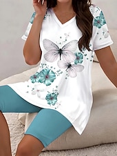 cheap Women’s Short Sets-Women&#039;s Fashion Daily T Shirt Shorts Sets Short Sleeve V Neck Ombre Floral Butterfly Print Daily Casual Daily Light Green Grape Ocean Blue Summer Regular Fit