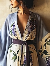 tanie Sukienki boho-damska długa sukienka maxi sukienka boho sukienka na co dzień sukienka rozkloszowana sukienka letnia vintage wakacje codzienna plaża regularny krój kwiatowy długi rękaw dekolt w serek niebieski lato wiosna jesień