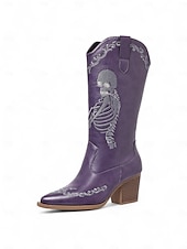 abordables Para mujeres-Botas vaqueras azules occidentales para mujer con bordado de esqueleto rosa: botas de media pantorrilla con tacón grueso para disfraz gótico de Halloween, ideal para cosplay, conciertos y festivales