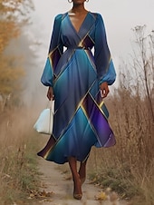 preiswerte Kunst &amp; Design Kleid-Damen Midikleid Freizeitkleid Chiffon Schwingkleid Modern Urlaub Täglich Wochenende Normale Passform Geometrisch Langarm V Ausschnitt Blau Dunkelgrün Purpur Grün Sommer Frühling Herbst