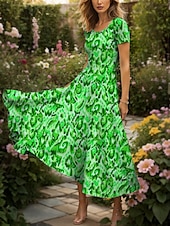 ieftine Artă și design rochii-Pentru femei Rochie Maxi Rochie casual Rochie A line Rochie de vară Elegant Vacanță Casual Fit regulat Grafic Abstract Manșon scurt Pătrat Galben Roșu-aprins Albastru piscină Mov Vară Primăvară