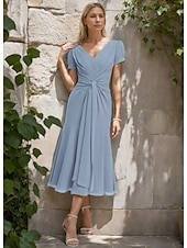 cheap Tea Length-A-Line Mother of the Bride Dress Formal Wedding Guest Elegant Simple Minimalist V Neck Tea Length Chiffon Short Sleeve with Pleats Ruched