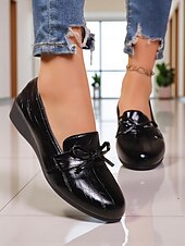 preiswerte Damenhausschuhe und -halbschuhe-Cremefarbene Loafer aus Kunstleder für Damen – bequeme Slipper mit Schleife und Keilabsatz, lässig-elegante Schuhe fürs Büro, zum Einkaufen und für den Alltag