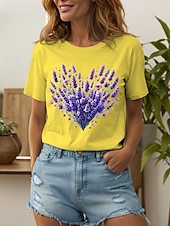 ieftine tricou floral-Pentru femei Tricou Inimă Floral Grafic Epocă Stilat Clasic Manșon scurt Stil Nautic Rotund Topuri obișnuite Zilnic Ieșire Sfârșit de săptămână Imprimeu Negru Alb Galben Roz Îmbujorat Albastru piscină