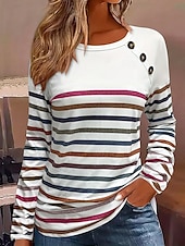 billige Stripe og geometriske topper-Dame Gensere Grafisk Geometrisk Stripet Årgang Klassisk Fritid Langermet Crew-hals Vanlige topper Knapper Trykt mønster Hvit Vin Vår Høst Vinter