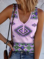 abordables Débardeur Boho-Femmes Débardeur caraco Graphique Géométrique ancien Tropical Élégant Sans manches Sans manches Col en V Hauts Réguliers Quotidien Imprimé Bleu Violet Kaki Été Printemps