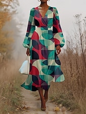 preiswerte Kunst &amp; Design Kleid-Damen Midikleid Freizeitkleid Chiffon Schwingkleid Modern Urlaub Täglich Wochenende Normale Passform Geometrisch Langarm V Ausschnitt Schwarz Blau Purpur Orange Sommer Frühling Herbst