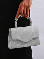 abordables Bolsos de mano y de noche-Bolso de mano para mujer con purpurina plateada y asa de diamantes de imitación: elegante bolso de noche para fiestas, bodas y cócteles.