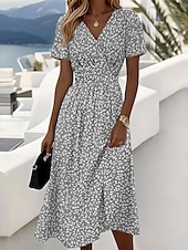 billiga Skriv ut blommiga klänningar-Dam Midiklänning Vardagsklänning Solklänning A linjeklänning Slipklänning Elegant Semester Ledigt Strand Normal Blommig Grafisk Prickig Kortärmad V-hals Gul Rubinrött Blå Purpur Sommar Vår