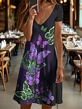 preiswerte Tiere kleiden-Damen Minikleid T-Shirt-Kleid A Linie Kleid Sommerkleid Urlaub Lässig Ferien Normale Passform Grafik Tiermotiv Schmetterling Kurzarm Rundhalsausschnitt Gelb Rote Blau Purpur Sommer Frühling