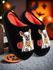 abordables Pour les femmes-Chaussons unisexes en polaire brodés pour chien d&#039;Halloween – chaussures d&#039;intérieur confortables avec motif citrouille pour femmes et hommes