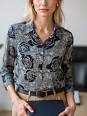 billige Kvinnenes Kunst &amp; Design Topper-Dame Bluse Dressy topper Chiffongoverdeler Blomstret Fargeblokk Elegant Daglig Stilfull Langermet Skjortekrage Vanlige topper Arbeid Daglig Knapper Trykt mønster Svart Blå Brun Grønn Beige Vår, Høst