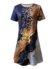 ieftine Tipăriți rochii florale-Pentru femei Rochii Midi Rochie imprimata Modă Modern Zilnic Petrecere ceai Ieșire Potrivire Largă Floral Abstract Manșon scurt Stil Nautic Negru Galben Albastru piscină Albastru Închis Vară Primăvară
