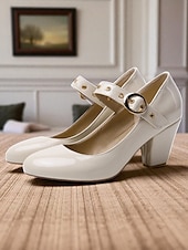 お買い得  Block Heels-カジュアルなデートに最適な、バックルストラップ付きのレディース用ホワイトパテントレザーブロックヒールメリージェーンシューズ