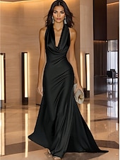 abordables Champagne-Robe de soirée dorée élégante, robe de mariée formelle, traîne à balayage / pinceau, sans manches, col bénitier, satin avec fronces 2025