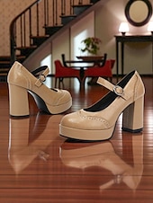cheap 1950s-Women&#039;s Apricot Mary Jane Platform Pumps - 1950s Retro Chunky Heel Shoes with Brogue Detailing and Adjustable Strap for Office, Tea Parties, and Daily Wear