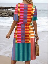 preiswerte Streifen- und geometrisches Kleid-Damen Midikleid A Linie Kleid Sommerkleid Urlaub Lässig Ferien Normale Passform Grafik Geometrisch Halbarm Rundhalsausschnitt Rosa Rote Blau Grün Sommer Frühling Herbst